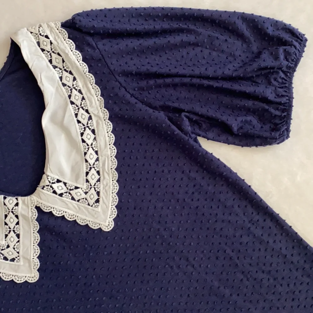 {Anthro} W5 | Scallop Bib Collar Swiss Dot Short Sleeve Feminine Blouse Top (L) - Picture 5 of 14